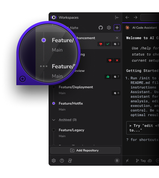 DevSwarm tracks each AI agent's progress across multiple branches